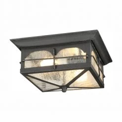 Brimfield 11 in. Aged Iron 2 Light Outdoor Ceiling Flush Mount Light with Clear Seedy Glass Shade by Home Decorators Collection