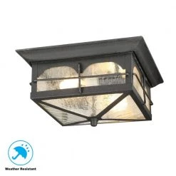 Brimfield 11 in. Aged Iron 2 Light Outdoor Ceiling Flush Mount Light with Clear Seedy Glass Shade by Home Decorators Collection -Outlet Home Decorators Collection Store aged iron home decorators collection outdoor flush mount lights hb7045a 292 77 1000