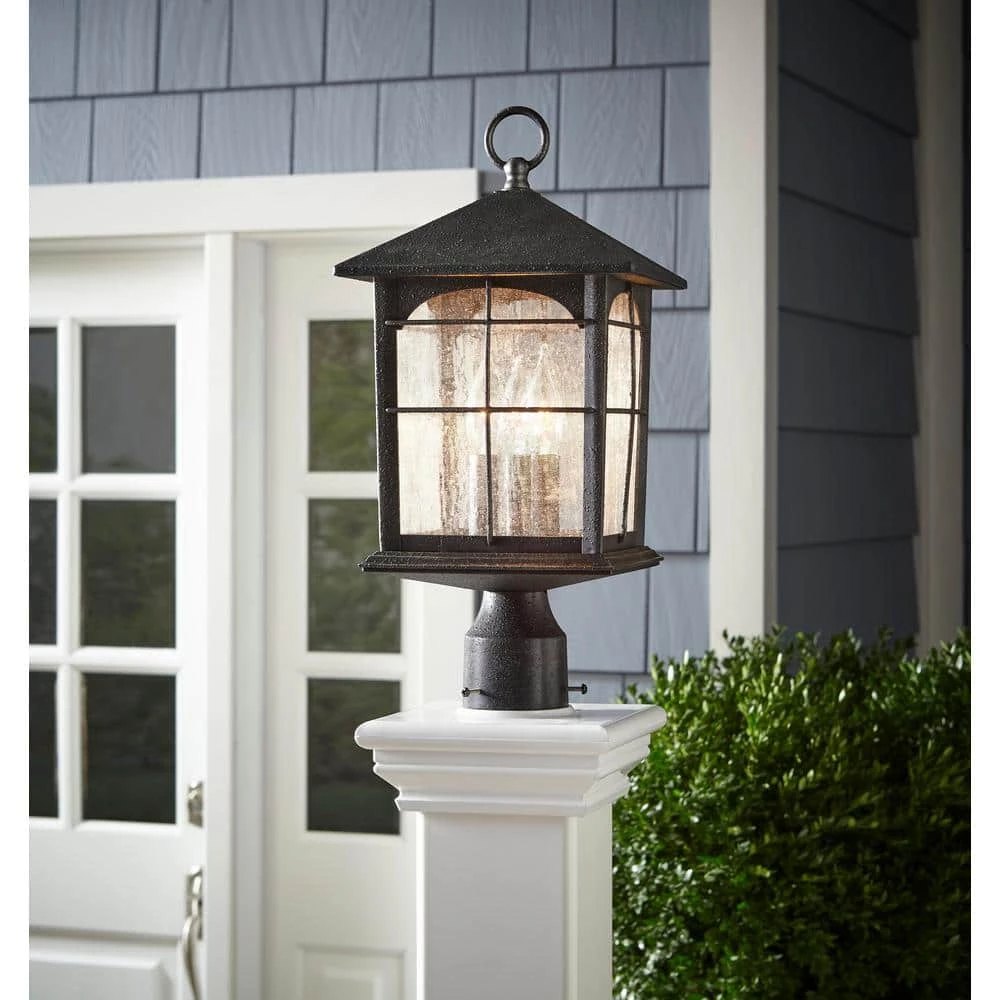 Brimfield 18 in. Aged Iron 3-Light Outdoor Post Lamp with Clear Seedy Glass Shade by Home Decorators Collection 4 Brimfield 18 in. Aged Iron 3-Light Outdoor Post Lamp with Clear Seedy Glass Shade by Home Decorators Collection - Image 2