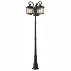 Brimfield 88.5 in. Aged Iron 3-Head, 3-Light Outdoor Post Lamp with Clear Seedy Glass Shade by Home Decorators Collection