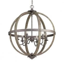 Keowee 24-1/4 in. 6-Light Artisan Iron Farmhouse Orb Chandelier with Coastal Antique White Wood Accents by Home Decorators Collection