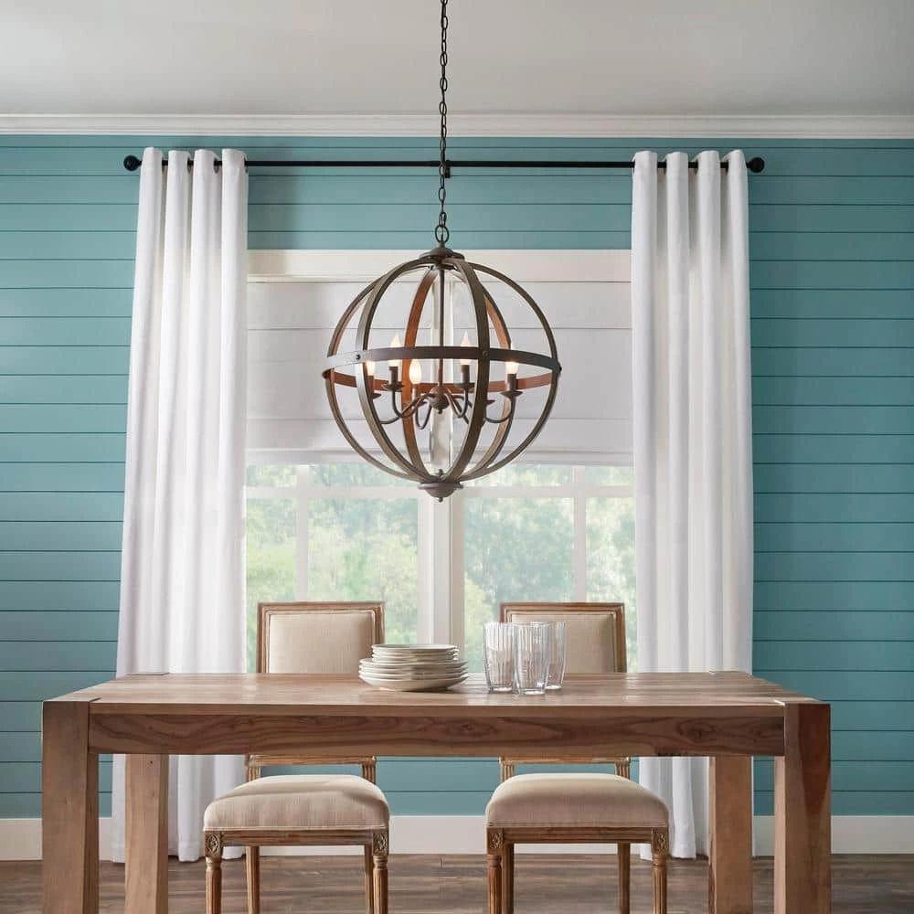 Keowee 24-1/4 in. 6-Light Artisan Iron Farmhouse Orb Chandelier with Coastal Antique White Wood Accents by Home Decorators Collection 4 Keowee 24-1/4 in. 6-Light Artisan Iron Farmhouse Orb Chandelier with Coastal Antique White Wood Accents by Home Decorators Collection - Image 2