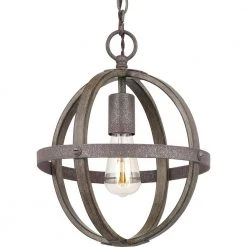 Keowee 10-3/4 in. 1-Light Artisan Iron Farmhouse Mini-Pendant with Distressed Elm Wood Accents by Home Decorators Collection