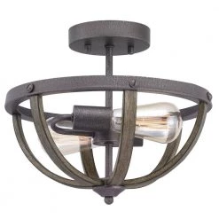 Keowee 13 in. 2-Light Artisan Iron Semi-Flush Mount with Distressed Elm Wood Accents by Home Decorators Collection