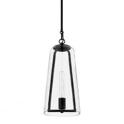 Desmond 8 in. 1-Light Modern Black Hanging Pendant Light with Smoke Seeded Glass Shade by Home Decorators Collection