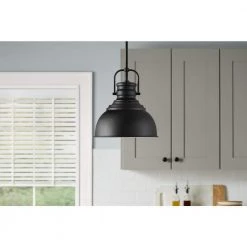 Shelston 10 in. 1-Light Black Hanging Kitchen Pendant Light with Metal Shade by Home Decorators Collection -Outlet Home Decorators Collection Store black home decorators collection chandeliers rs20190724110bk e1 1000