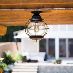 Greer 1-Light Black Outdoor Semi-Flush Mount Lantern with Caged Seeded Glass by Home Decorators Collection -Outlet Home Decorators Collection Store black home decorators collection outdoor flush mount lights hdp13671 31 1000