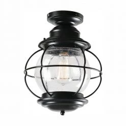 Greer 1-Light Black Outdoor Semi-Flush Mount Lantern with Caged Seeded Glass by Home Decorators Collection