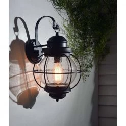 Greer 1-Light Black Exterior Wall Lantern Sconce with Caged Seeded Glass by Home Decorators Collection -Outlet Home Decorators Collection Store black home decorators collection outdoor sconces hdp13669 40 1000