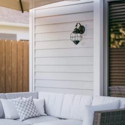 Greer 1-Light Black Exterior Wall Lantern Sconce with Caged Seeded Glass by Home Decorators Collection -Outlet Home Decorators Collection Store black home decorators collection outdoor sconces hdp13669 76 1000