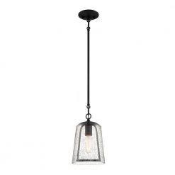 Desmond 7 in. 1-Light Modern Black Hanging Mini Pendant Light with Smoke Seeded Glass Shade by Home Decorators Collection