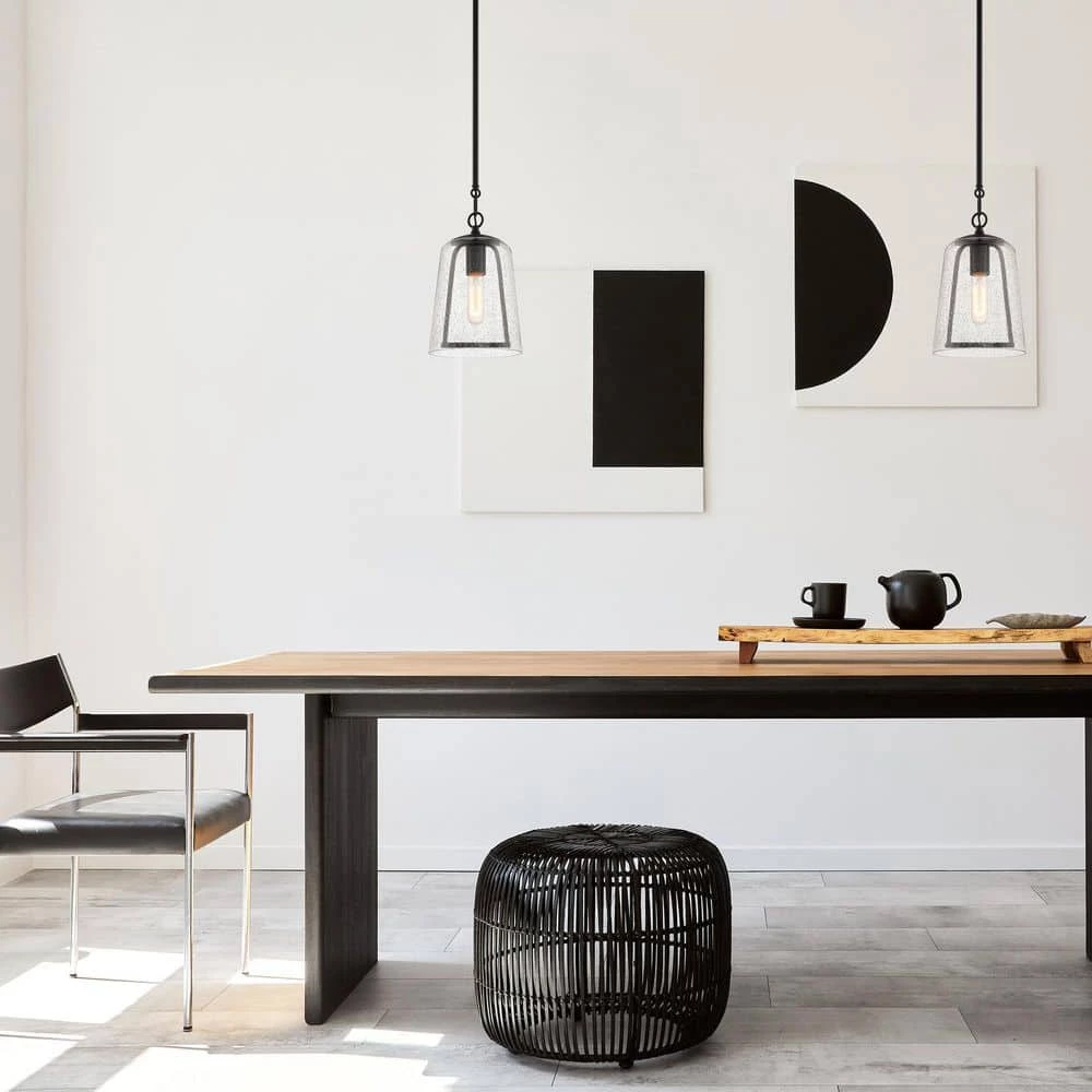 Desmond 7 in. 1-Light Modern Black Hanging Mini Pendant Light with Smoke Seeded Glass Shade by Home Decorators Collection 4 Desmond 7 in. 1-Light Modern Black Hanging Mini Pendant Light with Smoke Seeded Glass Shade by Home Decorators Collection - Image 2