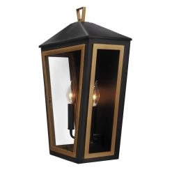 Lampson 20.375 in. 2-Light Black with Gold Hardwired Tapered Outdoor Wall Lantern Sconce by Home Decorators Collection