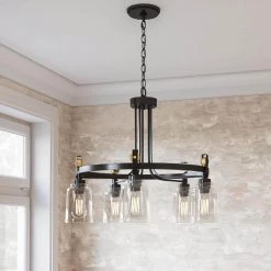Knollwood 30 in. 5-Light Blackened Bronze Industrial Round Chandelier with Brass Accents and Clear Glass Shades by Home Decorators Collection -Outlet Home Decorators Collection Store blackened bronze home decorators collection chandeliers 7991hdcbbdi 40 1000