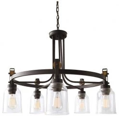 Knollwood 30 in. 5-Light Blackened Bronze Industrial Round Chandelier with Brass Accents and Clear Glass Shades by Home Decorators Collection -Outlet Home Decorators Collection Store blackened bronze home decorators collection chandeliers 7991hdcbbdi 44 1000