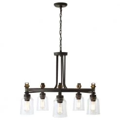 Knollwood 30 in. 5-Light Blackened Bronze Industrial Round Chandelier with Brass Accents and Clear Glass Shades by Home Decorators Collection