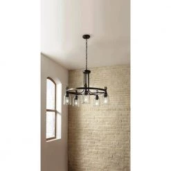 Knollwood 30 in. 5-Light Blackened Bronze Industrial Round Chandelier with Brass Accents and Clear Glass Shades by Home Decorators Collection -Outlet Home Decorators Collection Store blackened bronze home decorators collection chandeliers 7991hdcbbdi c3 1000