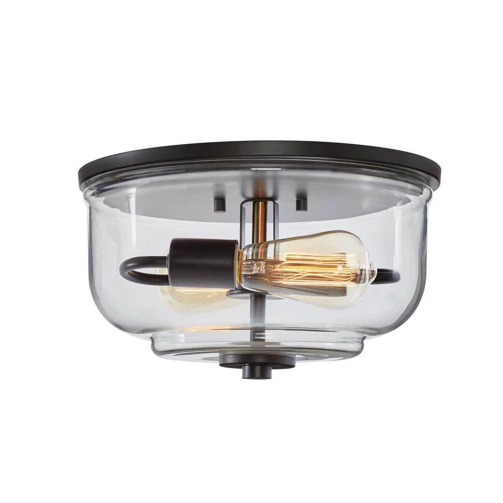 Knollwood 12 in. 2-Light Blackened Bronze Industrial Flush Mount with Vintage Brass Accents and Clear Glass Shade by Home Decorators Collection 7 Knollwood 12 in. 2-Light Blackened Bronze Industrial Flush Mount with Vintage Brass Accents and Clear Glass Shade by Home Decorators Collection - Image 5