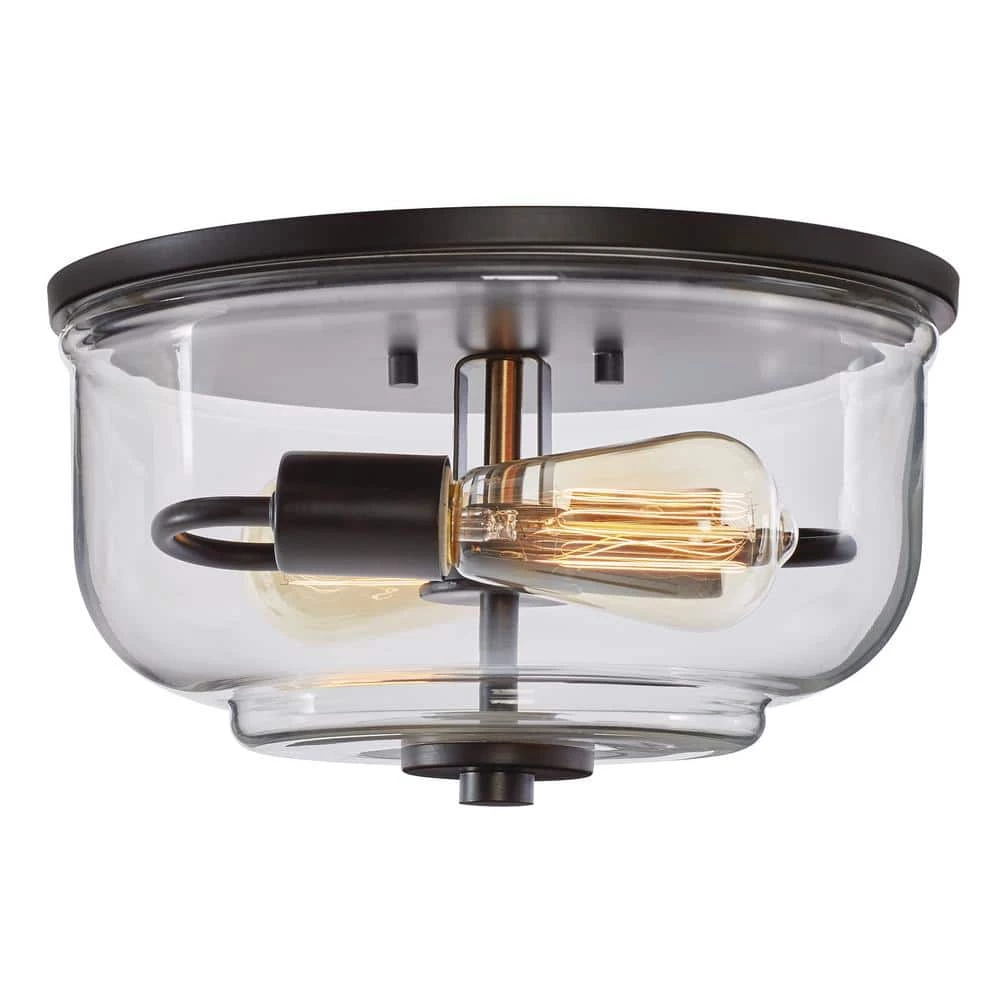 Knollwood 12 in. 2-Light Blackened Bronze Industrial Flush Mount with Vintage Brass Accents and Clear Glass Shade by Home Decorators Collection 3 Knollwood 12 in. 2-Light Blackened Bronze Industrial Flush Mount with Vintage Brass Accents and Clear Glass Shade by Home Decorators Collection