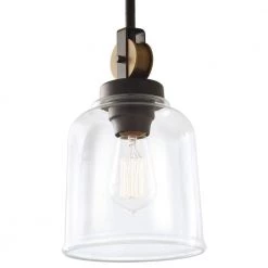 Knollwood 7 in. 1-Light Blackened Bronze Industrial Mini Pendant Light with Vintage Brass Accents & Clear Glass Shade by Home Decorators Collection -Outlet Home Decorators Collection Store blackened bronze home decorators collection pendant lights 7994hdcbbdi 1f 1000