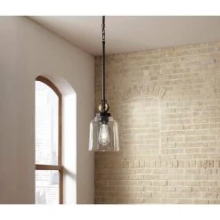 Knollwood 7 in. 1-Light Blackened Bronze Industrial Mini Pendant Light with Vintage Brass Accents & Clear Glass Shade by Home Decorators Collection -Outlet Home Decorators Collection Store blackened bronze home decorators collection pendant lights 7994hdcbbdi 40 1000