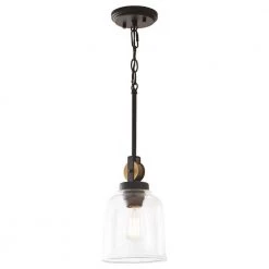 Knollwood 7 in. 1-Light Blackened Bronze Industrial Mini Pendant Light with Vintage Brass Accents & Clear Glass Shade by Home Decorators Collection
