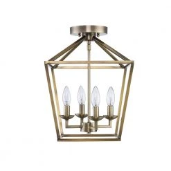 Weyburn 16.5 in. 4-Light Brushed Brass Lantern Farmhouse Semi-Flush Mount Ceiling Light Fixture by Home Decorators Collection