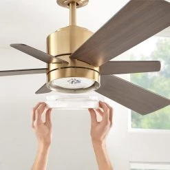 Hexton 52 in. Indoor Integrated LED Brushed Gold Ceiling Fan with Light Kit, Remote Control and 6 Reversible Blades by Home Decorators Collection -Outlet Home Decorators Collection Store brushed gold home decorators collection ceiling fans with lights 56024 1d 1000