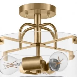 Shirwell 13.5 in. 3-Light Brushed Gold Round Semi-Flush Mount, Modern Ceiling Light with Clear Glass Drum Shade by Home Decorators Collection -Outlet Home Decorators Collection Store brushed gold home decorators collection flush mount lights ds18094sf2 1d 1000