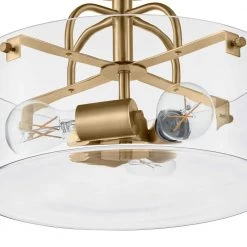 Shirwell 13.5 in. 3-Light Brushed Gold Round Semi-Flush Mount, Modern Ceiling Light with Clear Glass Drum Shade by Home Decorators Collection -Outlet Home Decorators Collection Store brushed gold home decorators collection flush mount lights ds18094sf2 40 1000