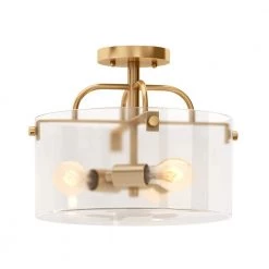 Shirwell 13.5 in. 3-Light Brushed Gold Round Semi-Flush Mount, Modern Ceiling Light with Clear Glass Drum Shade by Home Decorators Collection -Outlet Home Decorators Collection Store brushed gold home decorators collection flush mount lights ds18094sf2 77 1000