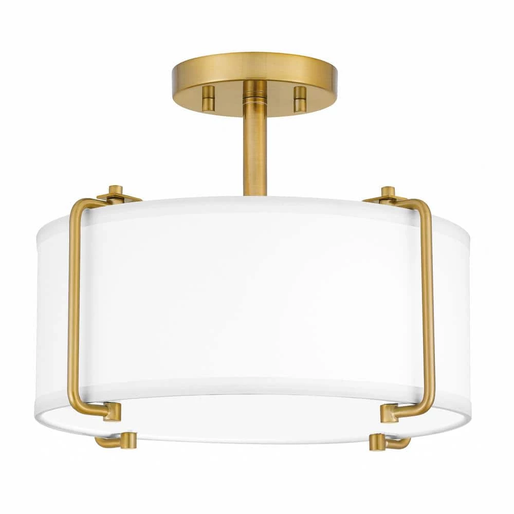 Brookley 14 in. 2-Light Brushed Gold Semi-Flush Mount with White Fabric Shade by Home Decorators Collection 3 Brookley 14 in. 2-Light Brushed Gold Semi-Flush Mount with White Fabric Shade by Home Decorators Collection