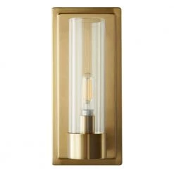 Closmere 5 in. 1-Light Brushed Gold Mid-Century Modern Wall Mount Sconce Light with Clear Glass Shade by Home Decorators Collection -Outlet Home Decorators Collection Store brushed gold home decorators collection vanity lighting hb3696 338 1d 1000