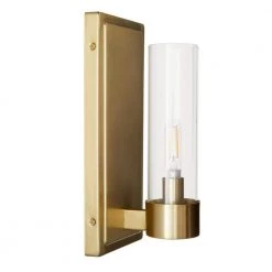 Closmere 5 in. 1-Light Brushed Gold Mid-Century Modern Wall Mount Sconce Light with Clear Glass Shade by Home Decorators Collection -Outlet Home Decorators Collection Store brushed gold home decorators collection vanity lighting hb3696 338 40 1000