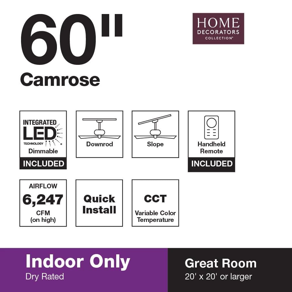 Camrose 60 in. White Color Changing Integrated LED Brushed Nickel Indoor Ceiling Fan with Light Kit and Remote Control by Home Decorators Collection 4 Camrose 60 in. White Color Changing Integrated LED Brushed Nickel Indoor Ceiling Fan with Light Kit and Remote Control by Home Decorators Collection - Image 2
