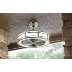 Brette II 23 in. LED Indoor/Outdoor Brushed Nickel Ceiling Fan with Light and Remote Control by Home Decorators Collection -Outlet Home Decorators Collection Store brushed nickel home decorators collection ceiling fans with lights am382b bn 4f 1000