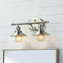 Glenhurst 16 in. 2-Light Brushed Nickel Farmhouse Bathroom Vanity Light Fixture with Metal Shades by Home Decorators Collection -Outlet Home Decorators Collection Store brushed nickel home decorators collection vanity lighting hd 8002 bn 77 1000