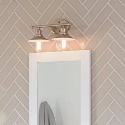 Glenhurst 16 in. 2-Light Brushed Nickel Farmhouse Bathroom Vanity Light Fixture with Metal Shades by Home Decorators Collection -Outlet Home Decorators Collection Store brushed nickel home decorators collection vanity lighting hd 8002 bn d4 1000