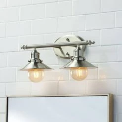Glenhurst 16 in. 2-Light Brushed Nickel Farmhouse Bathroom Vanity Light Fixture with Metal Shades by Home Decorators Collection -Outlet Home Decorators Collection Store brushed nickel home decorators collection vanity lighting hd 8002 bn e1 1000