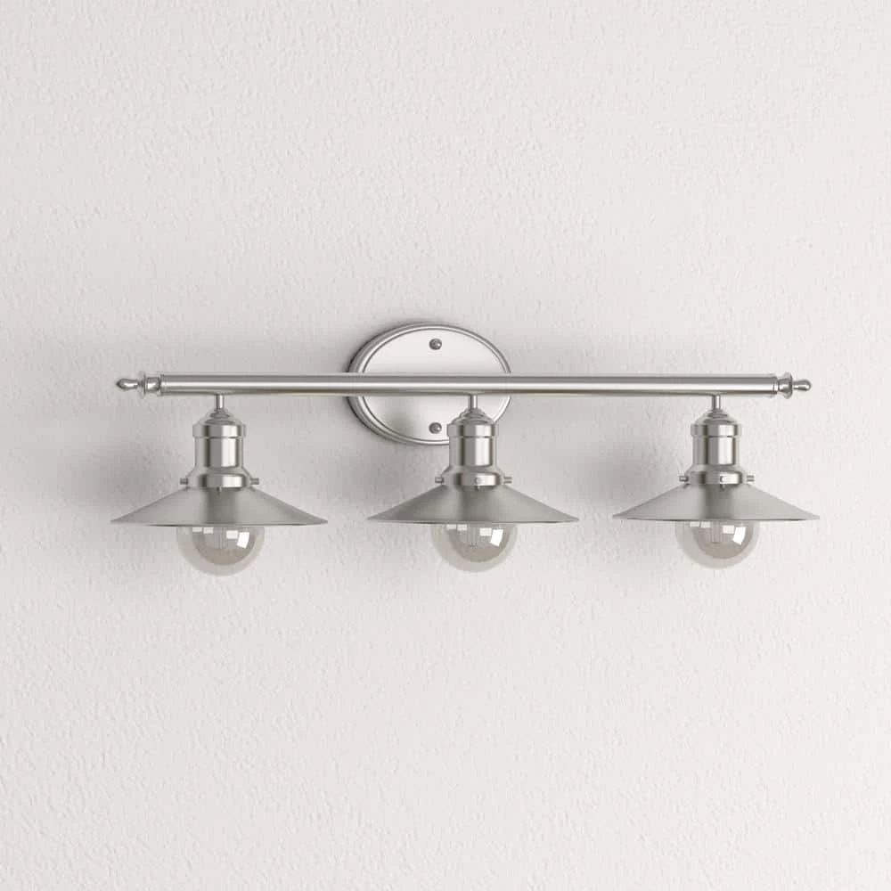 Glenhurst 25 in. 3-Light Brushed Nickel Farmhouse Bathroom Vanity Light Fixture with Metal Shades by Home Decorators Collection 11 Glenhurst 25 in. 3-Light Brushed Nickel Farmhouse Bathroom Vanity Light Fixture with Metal Shades by Home Decorators Collection - Image 9
