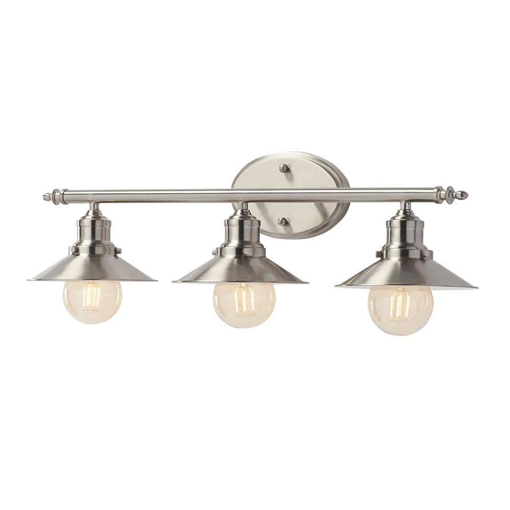Glenhurst 25 in. 3-Light Brushed Nickel Farmhouse Bathroom Vanity Light Fixture with Metal Shades by Home Decorators Collection 3 Glenhurst 25 in. 3-Light Brushed Nickel Farmhouse Bathroom Vanity Light Fixture with Metal Shades by Home Decorators Collection
