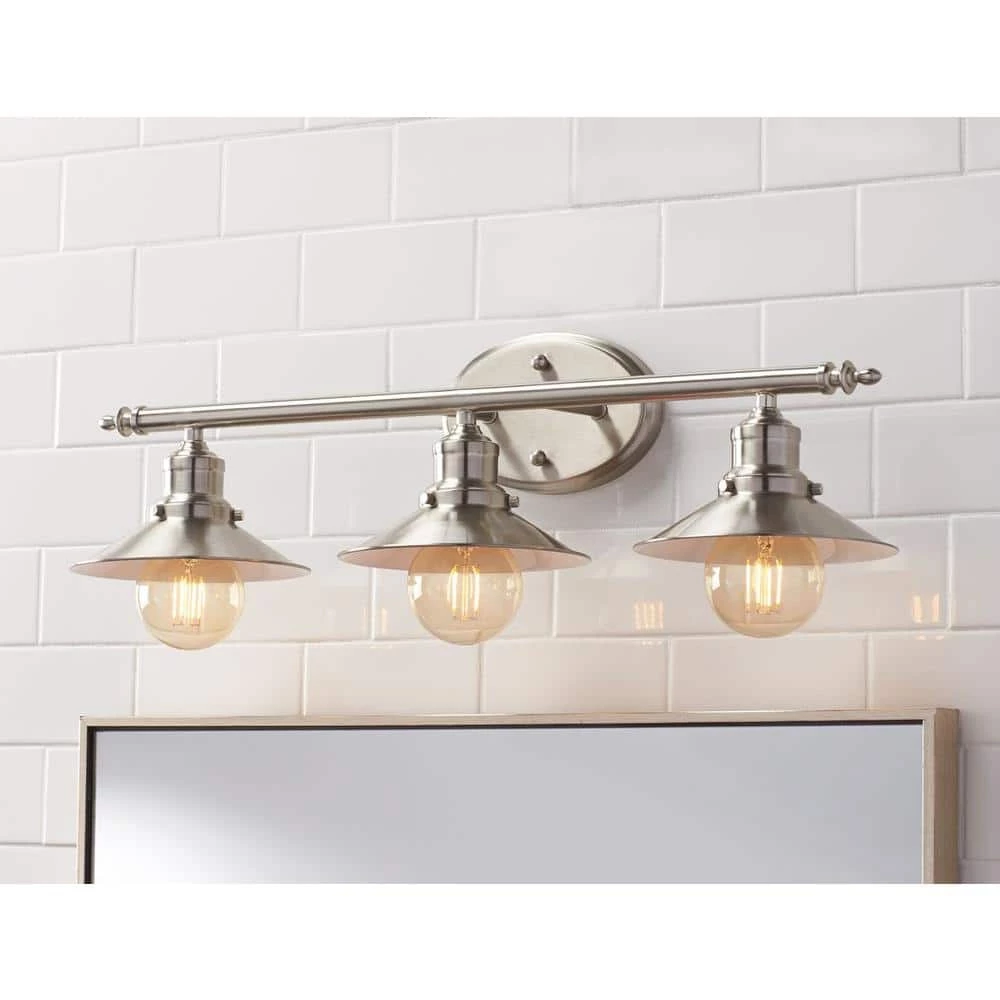 Glenhurst 25 in. 3-Light Brushed Nickel Farmhouse Bathroom Vanity Light Fixture with Metal Shades by Home Decorators Collection 8 Glenhurst 25 in. 3-Light Brushed Nickel Farmhouse Bathroom Vanity Light Fixture with Metal Shades by Home Decorators Collection - Image 6