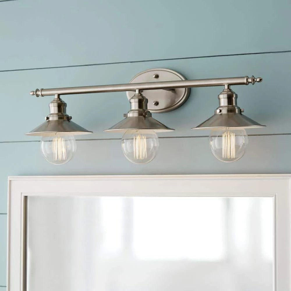 Glenhurst 25 in. 3-Light Brushed Nickel Farmhouse Bathroom Vanity Light Fixture with Metal Shades by Home Decorators Collection 4 Glenhurst 25 in. 3-Light Brushed Nickel Farmhouse Bathroom Vanity Light Fixture with Metal Shades by Home Decorators Collection - Image 2