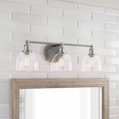 Evelyn 26.75 in. 3-Light Brushed Nickel Modern Industrial Bathroom Vanity Light with Clear Glass Shades by Home Decorators Collection -Outlet Home Decorators Collection Store brushed nickel with clear glass home decorators collection vanity lighting hb2586 35 1d 1000