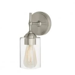 Ayelen 1-Light Brushed Nickel Indoor Wall Sconce, Modern Wall Light by Home Decorators Collection -Outlet Home Decorators Collection Store brushed nickel with clear glass home decorators collection wall sconces 39342 hbu 1d 1000