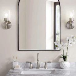 Ayelen 1-Light Brushed Nickel Indoor Wall Sconce, Modern Wall Light by Home Decorators Collection -Outlet Home Decorators Collection Store brushed nickel with clear glass home decorators collection wall sconces 39342 hbu 1f 1000