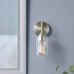 Ayelen 1-Light Brushed Nickel Indoor Wall Sconce, Modern Wall Light by Home Decorators Collection -Outlet Home Decorators Collection Store brushed nickel with clear glass home decorators collection wall sconces 39342 hbu 40 1000