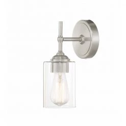 Ayelen 1-Light Brushed Nickel Indoor Wall Sconce, Modern Wall Light by Home Decorators Collection -Outlet Home Decorators Collection Store brushed nickel with clear glass home decorators collection wall sconces 39342 hbu c3 1000