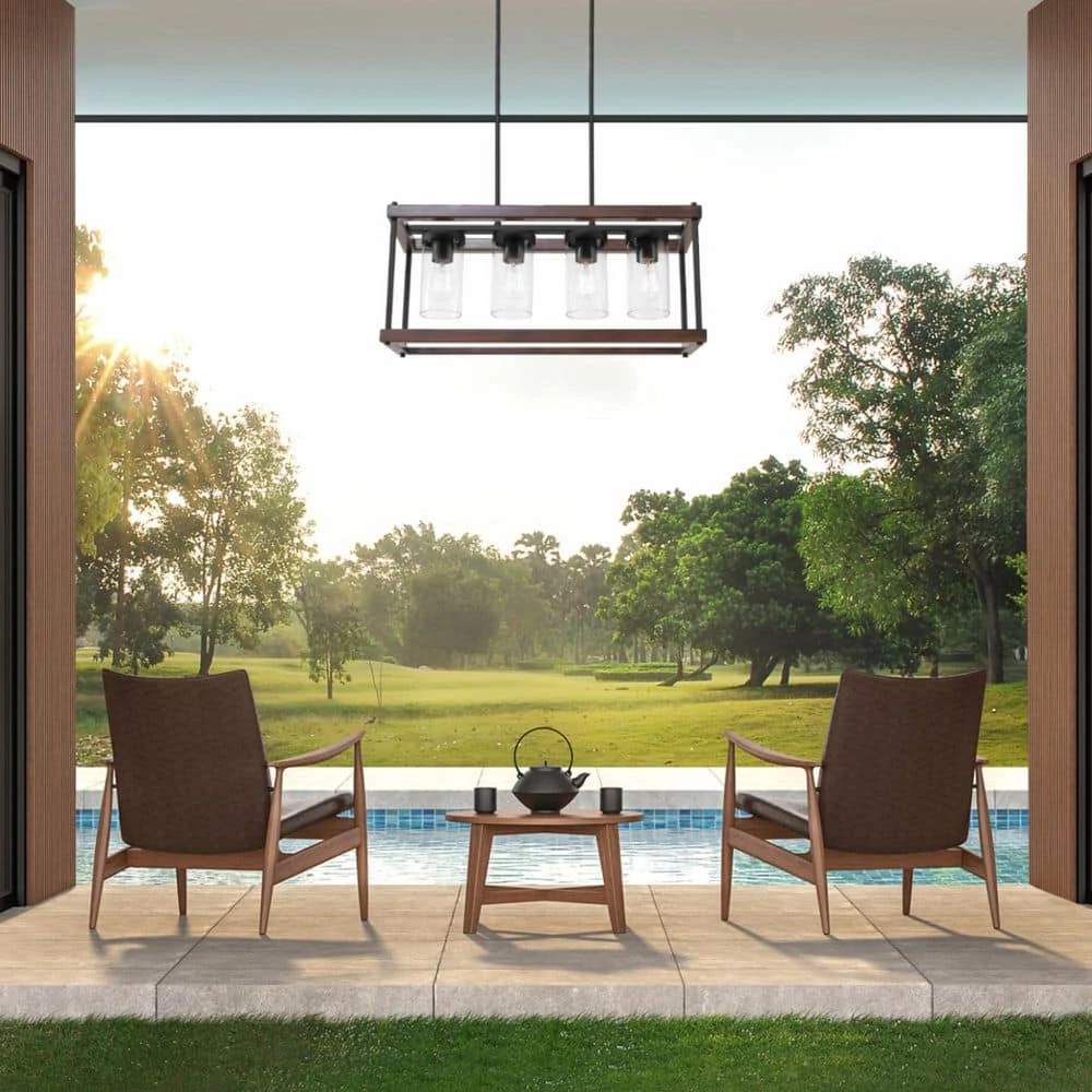Elden Modern 4-Light Faux Wood and Black Outdoor Chandelier by Home Decorators Collection 14 Elden Modern 4-Light Faux Wood and Black Outdoor Chandelier by Home Decorators Collection - Image 12