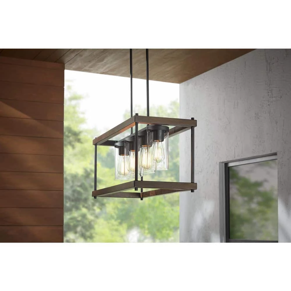 Elden Modern 4-Light Faux Wood and Black Outdoor Chandelier by Home Decorators Collection 4 Elden Modern 4-Light Faux Wood and Black Outdoor Chandelier by Home Decorators Collection - Image 2
